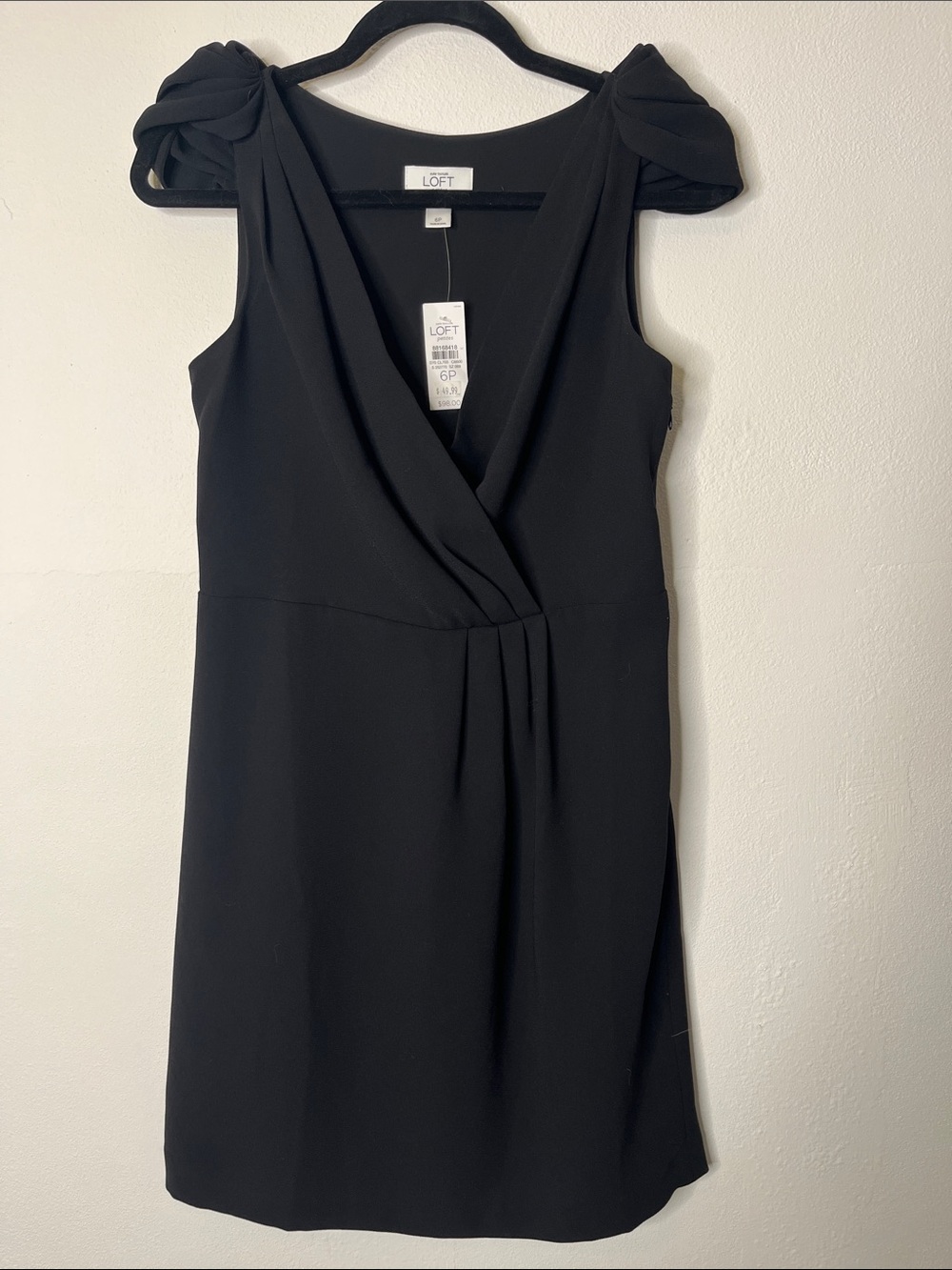 LOFT petites Black  V-Neck Mini Dress with Gathered Shoulder Detail
